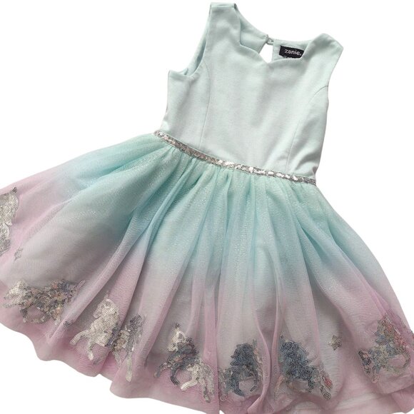 Zunie Girls Unicorn Ombre Tulle Dress 4 Sequins Green Blue Purple Party Wear - Picture 1 of 10